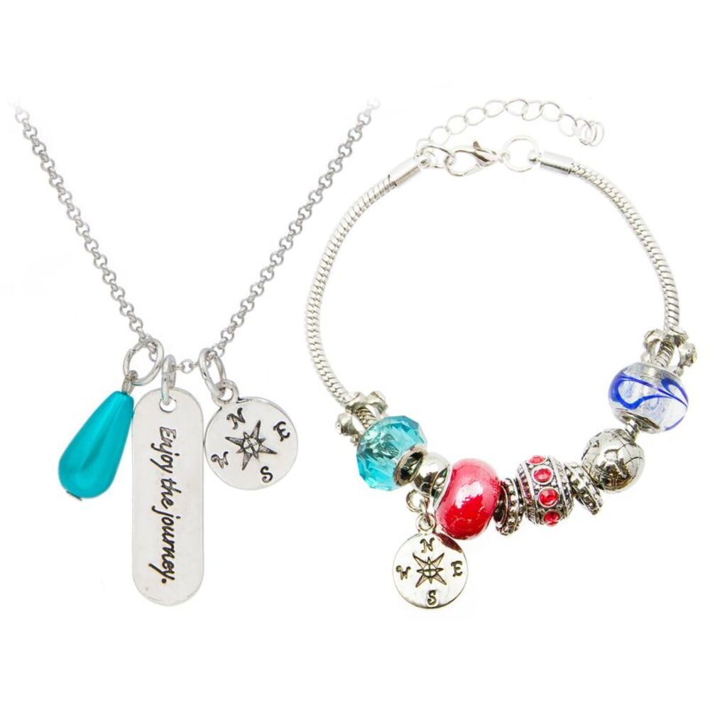 Glam & Glow "Enjoy the Journey" Silver Toned Charm Bracelet and Necklace Set